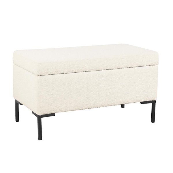 Benjara Ray Cream White and Black Fabric Rectangle Storage Ottoman