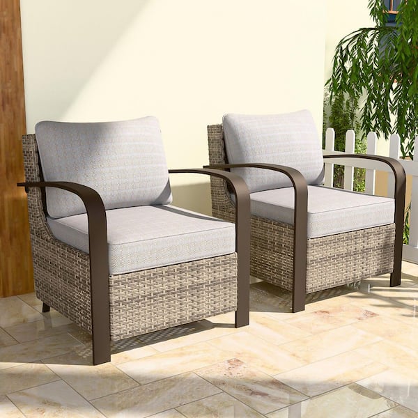 Ergonomic Armrest Brown Patio Wicker Outdoor Lounge Chair with Beige Cushion (2-Pack)
