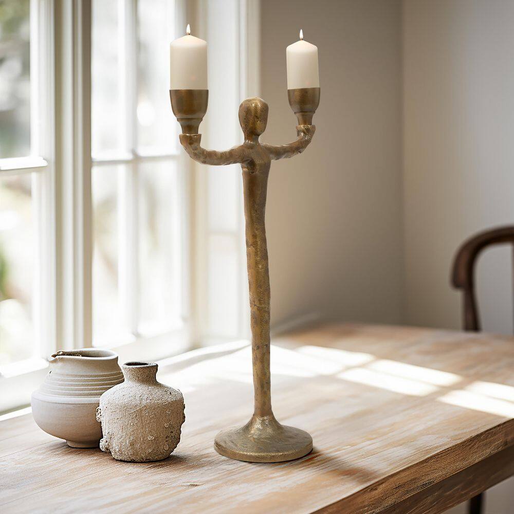 Liv & Skye Gold 15 in. Metal 2-Taper Candle Holder with Abstract Human ...