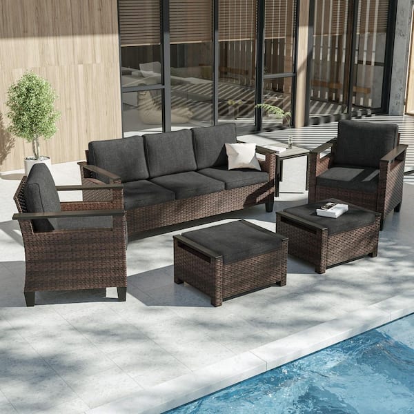 JOYESERY 6-Pieces Patio Conversation Set with Side Table Wide Armrests Sofa Brown PE Wicker with Black Cushions