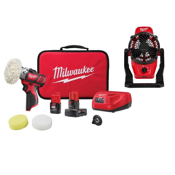 M12 12V Lithium-Ion Cordless Variable Speed Polisher/Sander Kit W/(2) M12 Batteries, Accessories, Charger, Bag, & Fan