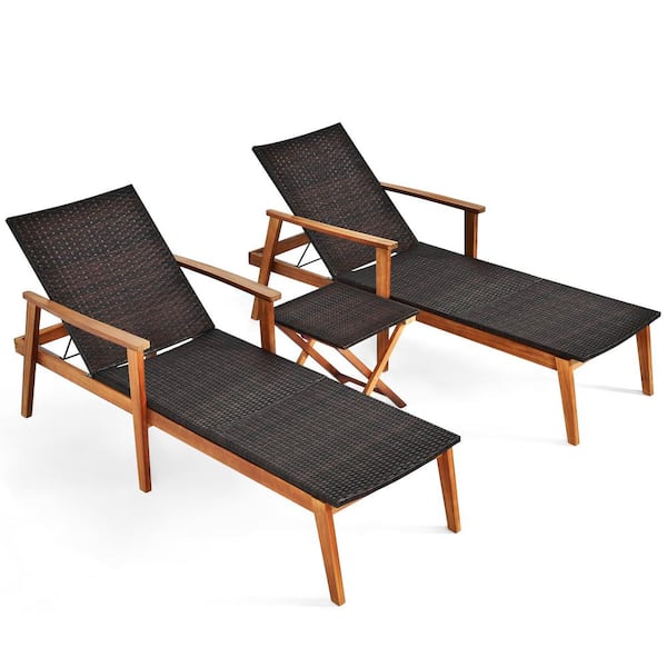 Gymax 3-Pieces Wicker Outdoor Chaise Lounge Set Patio Yard with Side Table Adjustable Backrest