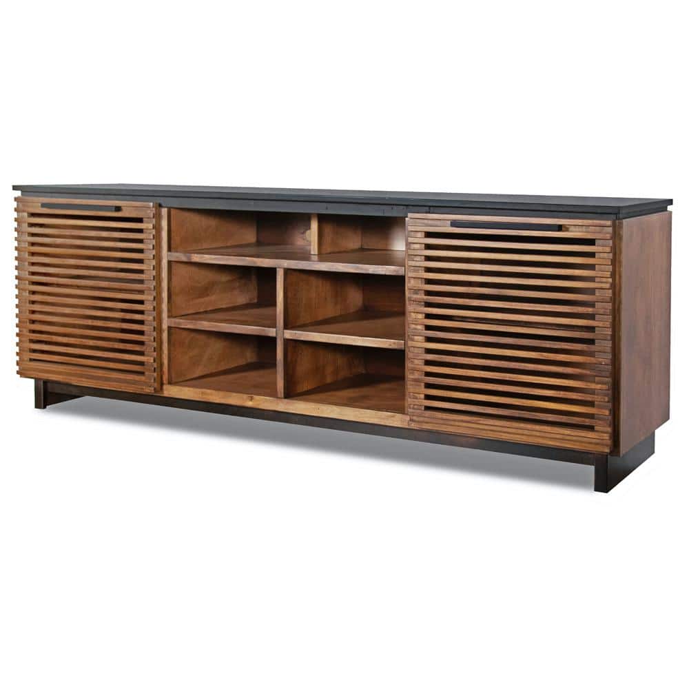 Bridgevine Home 85 in. Fully Assembled Brown and Black TV Stand Fits TV