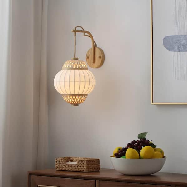 Hikari 9 in 1-Light Wood Grain and Natural Wall Sconce with Woven Bamboo Plus Silk Shade for Foyer, Living Room, Bedroom