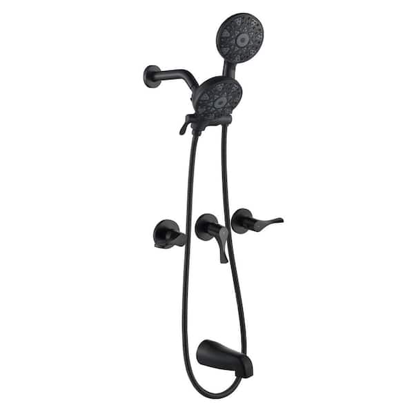 FLG Triple Handle 6-Spray Tub and Shower Faucet 1.8 GPM Brass 2-in-1 Wall Mount Shower System in Matte Black Valve Included