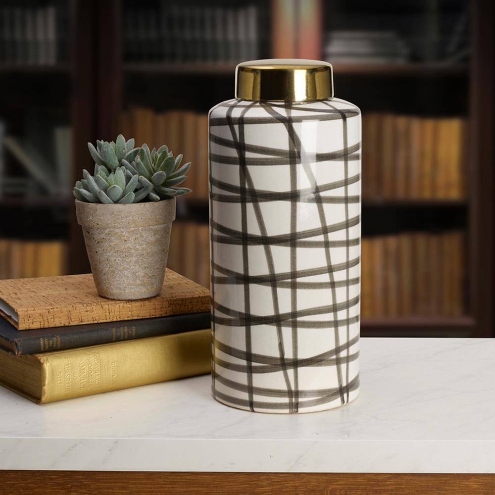 Black and White Scribble Ceramic Jar with Gold Lid