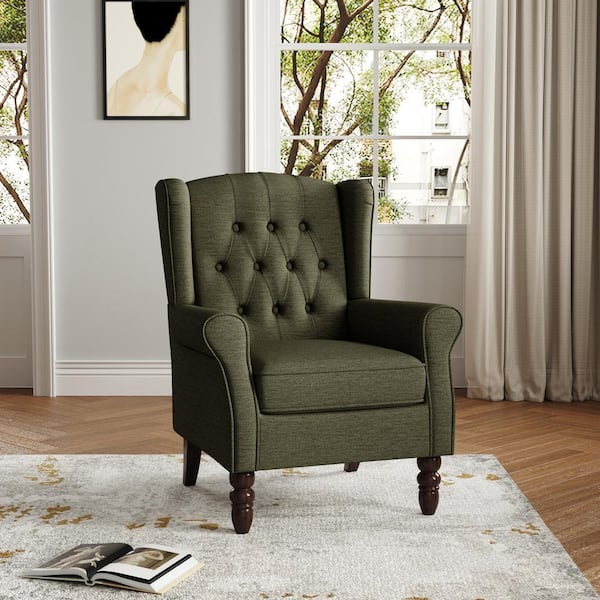Modern Green Linen Upholstered Button High Back Accent Arm Chair with Wood Legs (Set of 1)