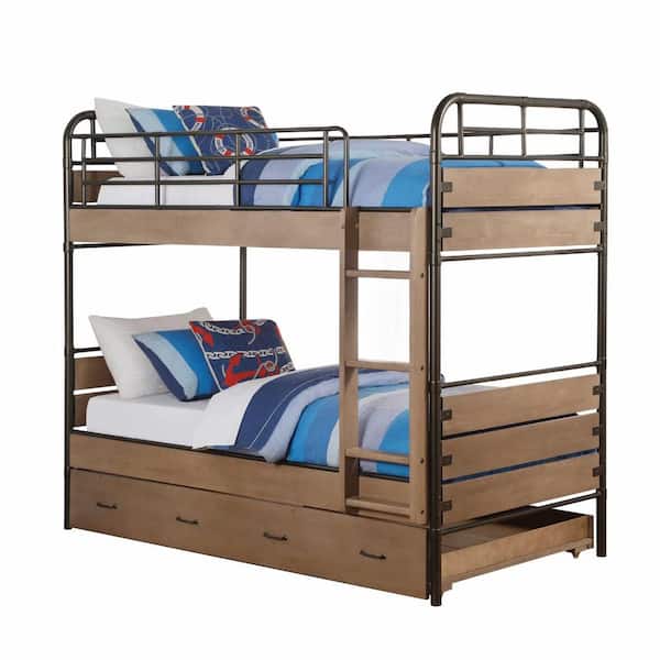 HomeRoots Amelia Antique Oak and Gunmetal Twin Bunk Bed with Solid Wood