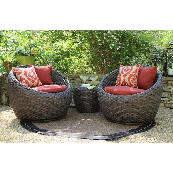 AE Outdoor Corona 3-Piece All-Weather Wicker Patio Deep Seating Set with Sunbrella Red Cushions