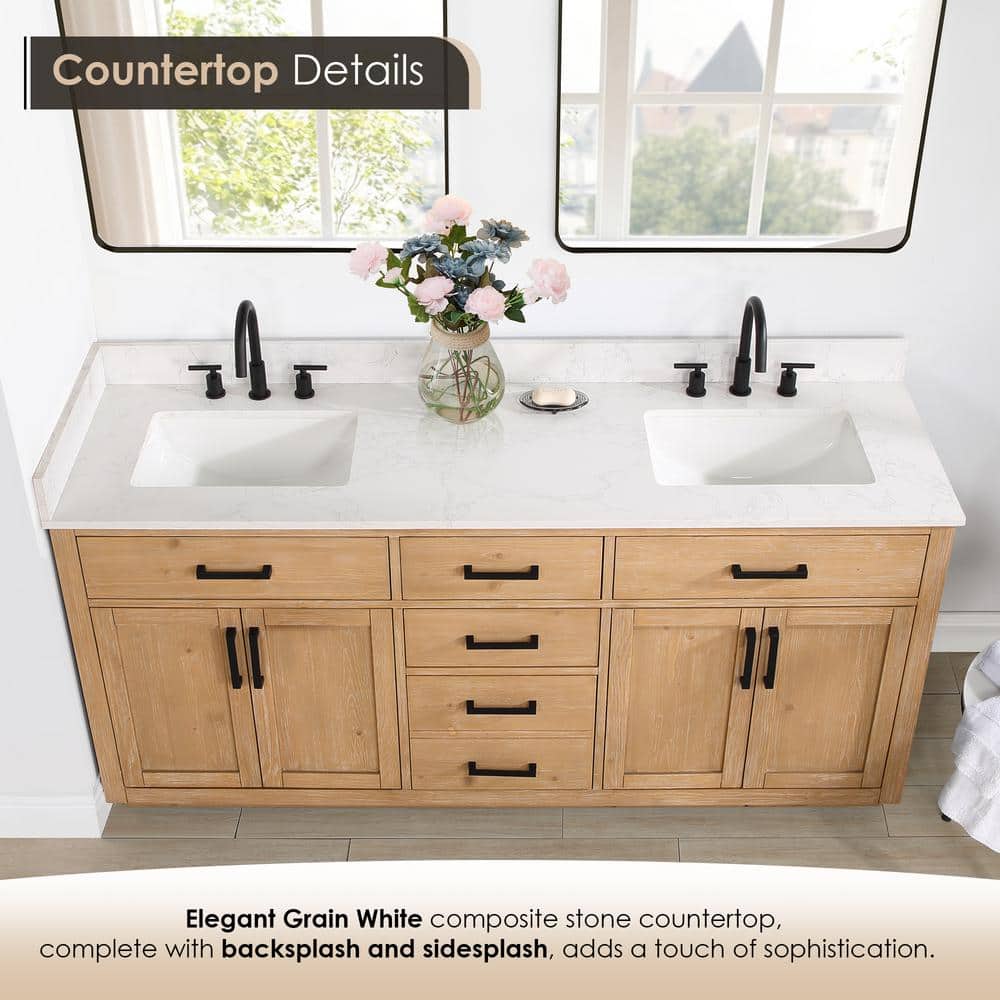 Gavino 72" Light Brown Wood Double Vanity with Composite Stone Top