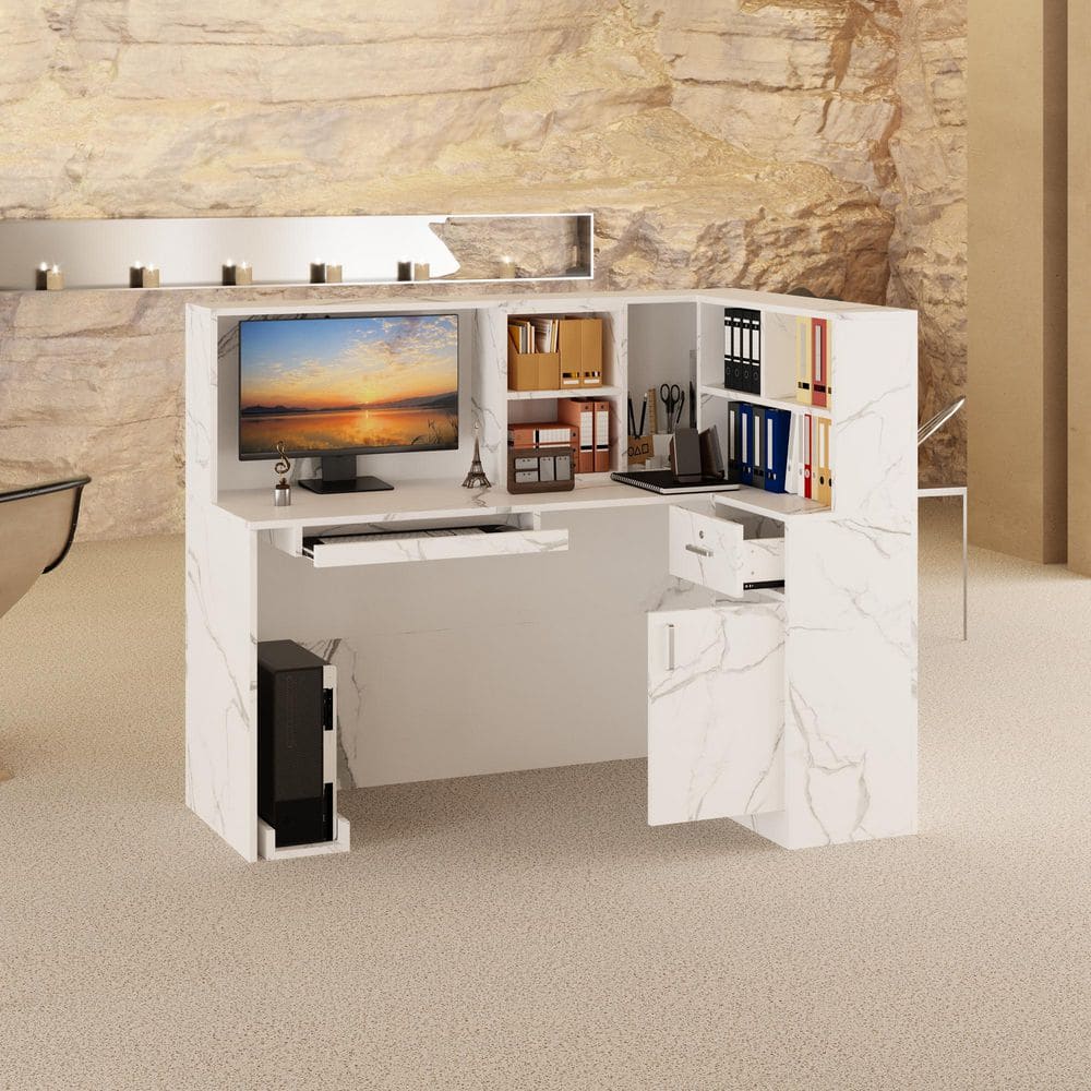 FUFU&GAGA 55.9 in. L Shaped Marble Color Wood Executive Desk Reception ...