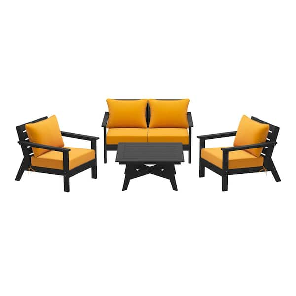 WESTIN OUTDOOR Birchwood Black Arrangeable 5-Piece Outdoor Patio HDPE Deep Seating Conversation Lounge Set w/ Yellow Cushions