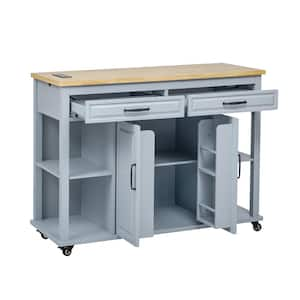 Grey Blue Rubber Wood 47.2 in. Kitchen Island with Extendable Dining Table, 2-Drawers, Adjustable Shelves Power Outlet