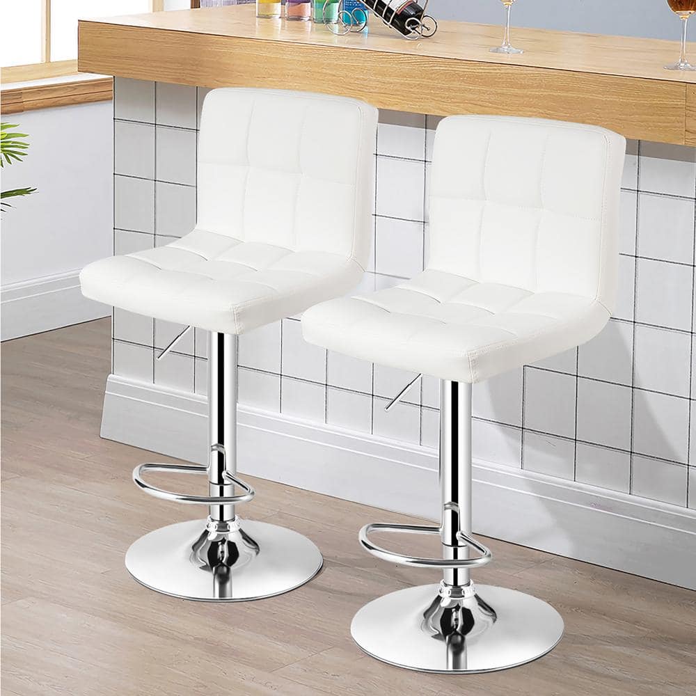Costway 38 in. 46 in. Adjustable Height White Low Back Metal Bar Stool with PU LeatherSeat