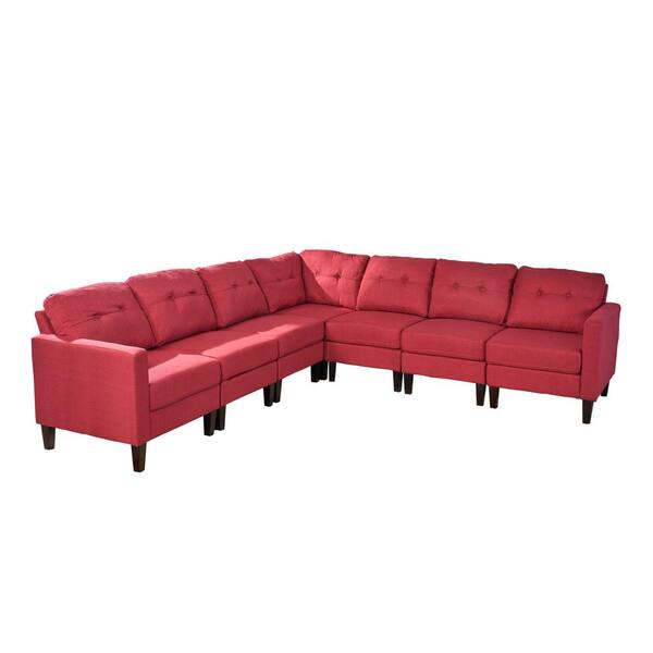 Noble House Delilah Mid-Century Modern 7-Piece Red Fabric Extended Sectional Sofa Set