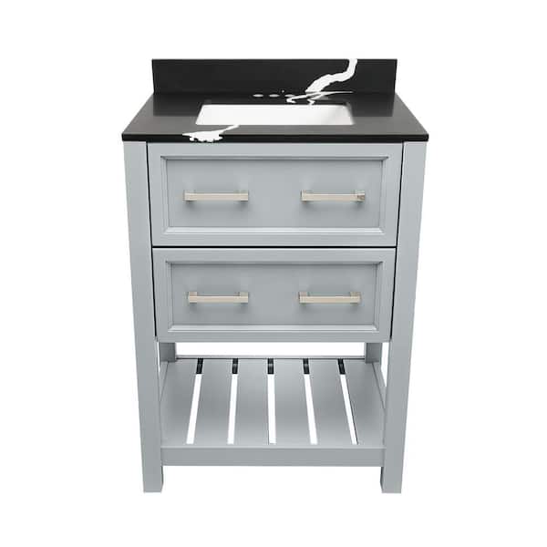Ella Tremblant 25 in. W x 19 in. D x 36 in. H Bath Vanity in Gray with Quartz Stone Calacatta Black Top with White Basin