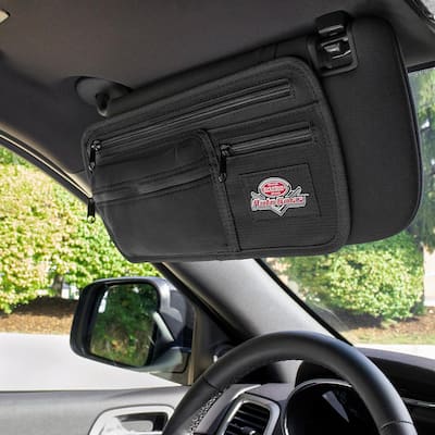 Auto Boss Visor Organizer Interior Car Accessory with Adjustable Elastic Straps and Zipped Pockets in Black