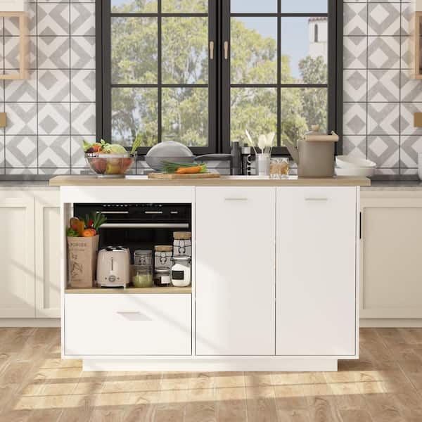 White/Oak Wood 59.1 in. W Kitchen Island Dining Table With Adjustable Shelves and Drawer