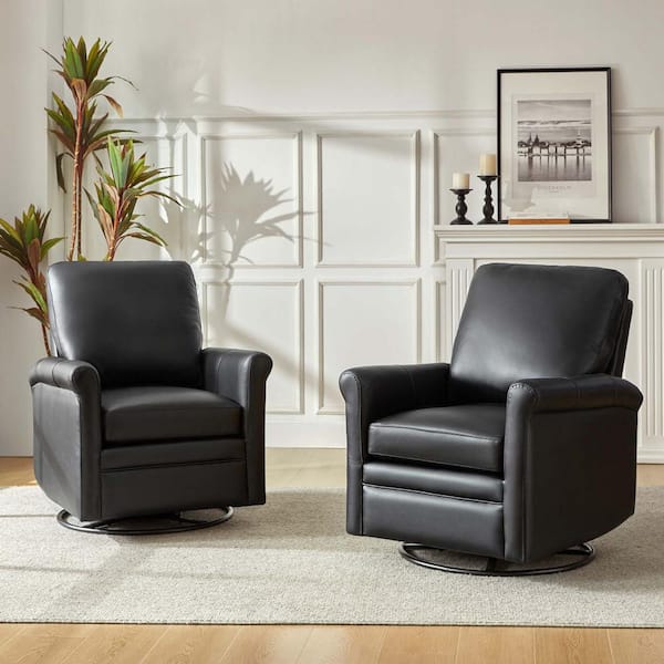 JAYDEN CREATION Pablo Black Modern Genuine Leather Swivel Rocker Chair Set of 2