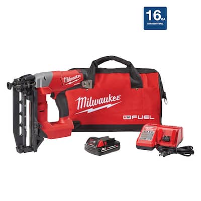 M18 FUEL 18-Volt Lithium-Ion Brushless 16-Gauge Cordless Straight Finish Nailer Kit w/One 2.0 Ah Battery, Charger & Bag