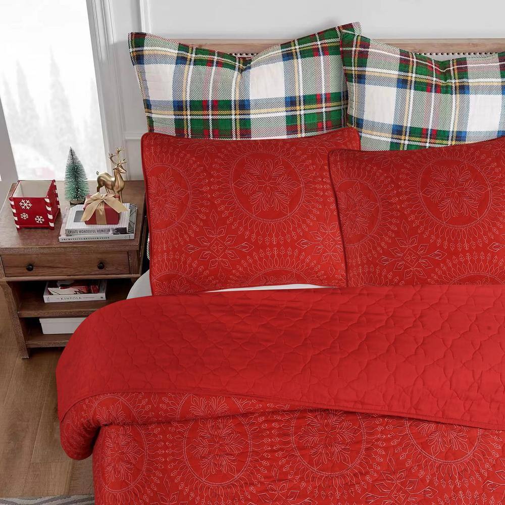 Queen Red Reversible Medallion Quilt Bedspread Set