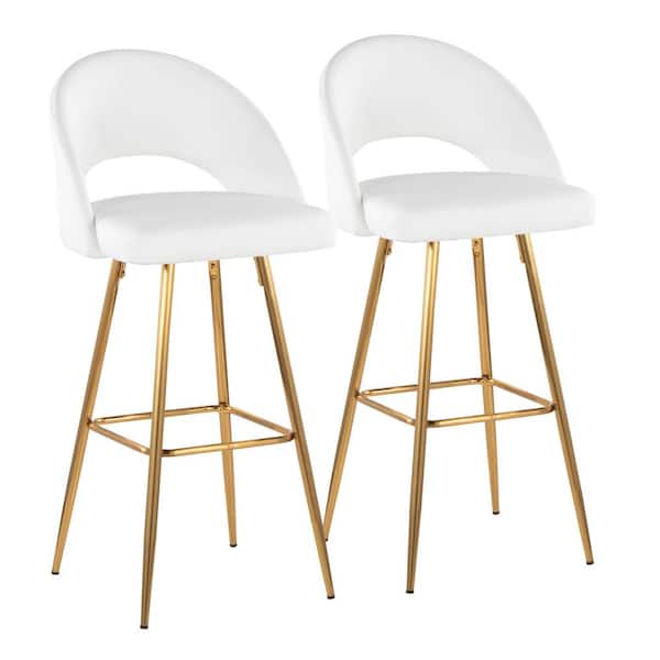Renee Upholstered 43 in. H White Faux Leather and Gold Metal Fixed-Height Bar Stool with Square Footrest (Set of 2)