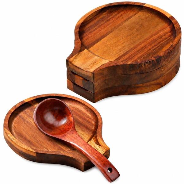 Retro Style Acacia Wood Spoon Rest Set of 4 Warm Brown Handmade Stove Top Spoon Holder Trivets