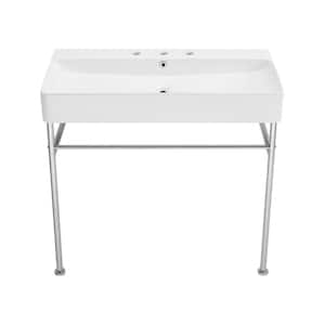 Carre Ceramic White Console Sink With 36 in. W and Chrome Legs and 8" Widespread Faucet Holes