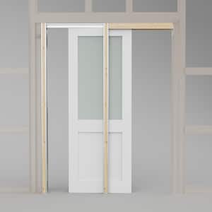 28 in. x 80 in. 1/2 Lite Frosted Glass Primed Door with Solid Core Pine Pocket Door Frame with Hardware and Soft Close