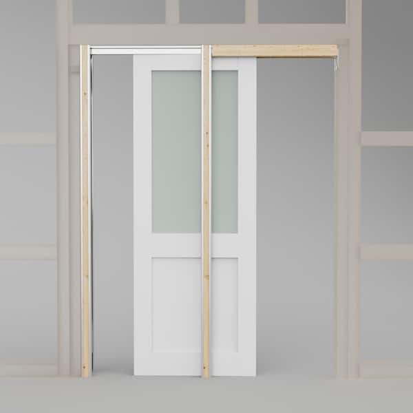 ARK DESIGN 36 in. x 80 in. 1/2 Lite Frosted Glass Primed Door with Solid Core Pine Pocket Door Frame with Hardware and Soft Close