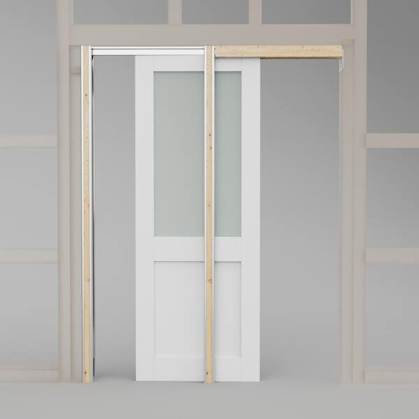 ARK DESIGN 28 in. x 80 in. 1/2 Glass White Primed MDF Pocket Sliding Door with Pocket Door Hardware Kit (Soft Close Included)