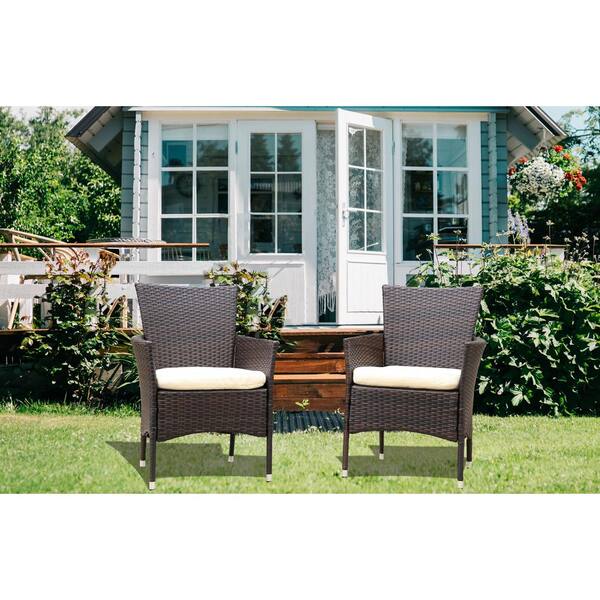 GOSHADOW Brown Armchair Seat with Removable Cushions Wicker Outdoor Lounge Chair with Beige Cushion (2-Pack)