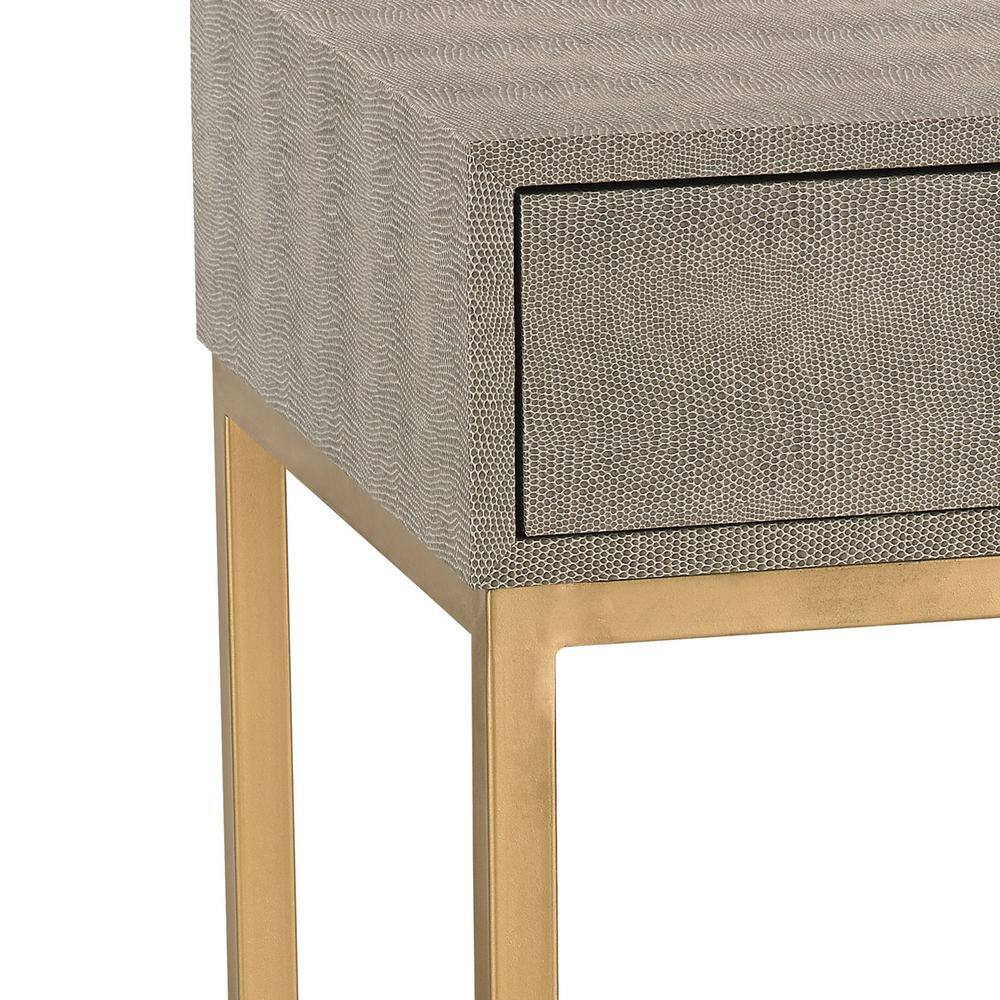 Gold Finish Faux Leather & Metal Side Table with Storage