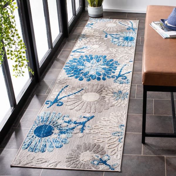 Cabana Gray/Blue 2 ft. x 12 ft. Floral Leaf Indoor/Outdoor Patio  Runner Rug