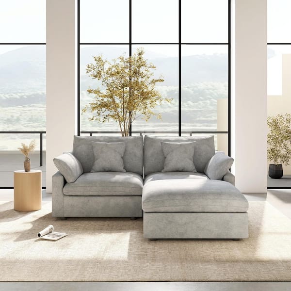 83 in. Square Arm Linen Oversized 3-Piece Comfy Loveseat Modular Sectional Sofa with Ottoman in Light Gray