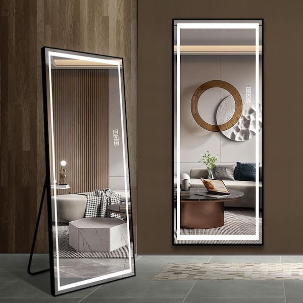 Unbranded 23.6 in. W x 65 in. H Rectangle Framed Black LED Full Length Mirror with Lights Large Floor Mirror Stand Up Dress Mirror