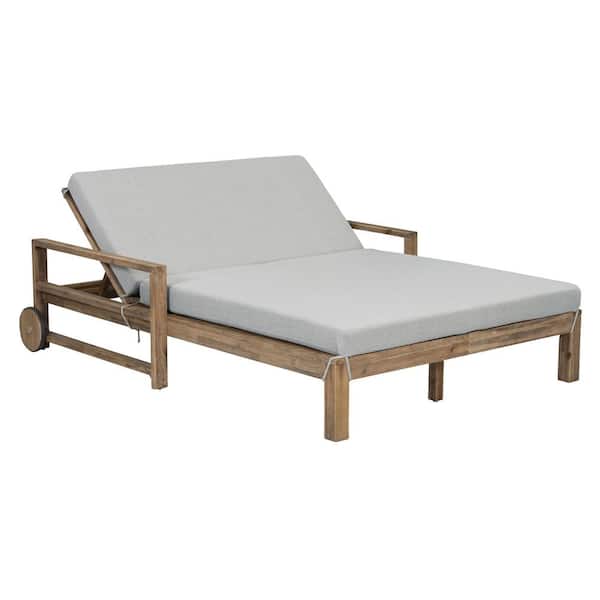 Sudzendf Wood Outdoor Chaise Lounge Day Bed with Adjustable Backrest and Gray Cushions