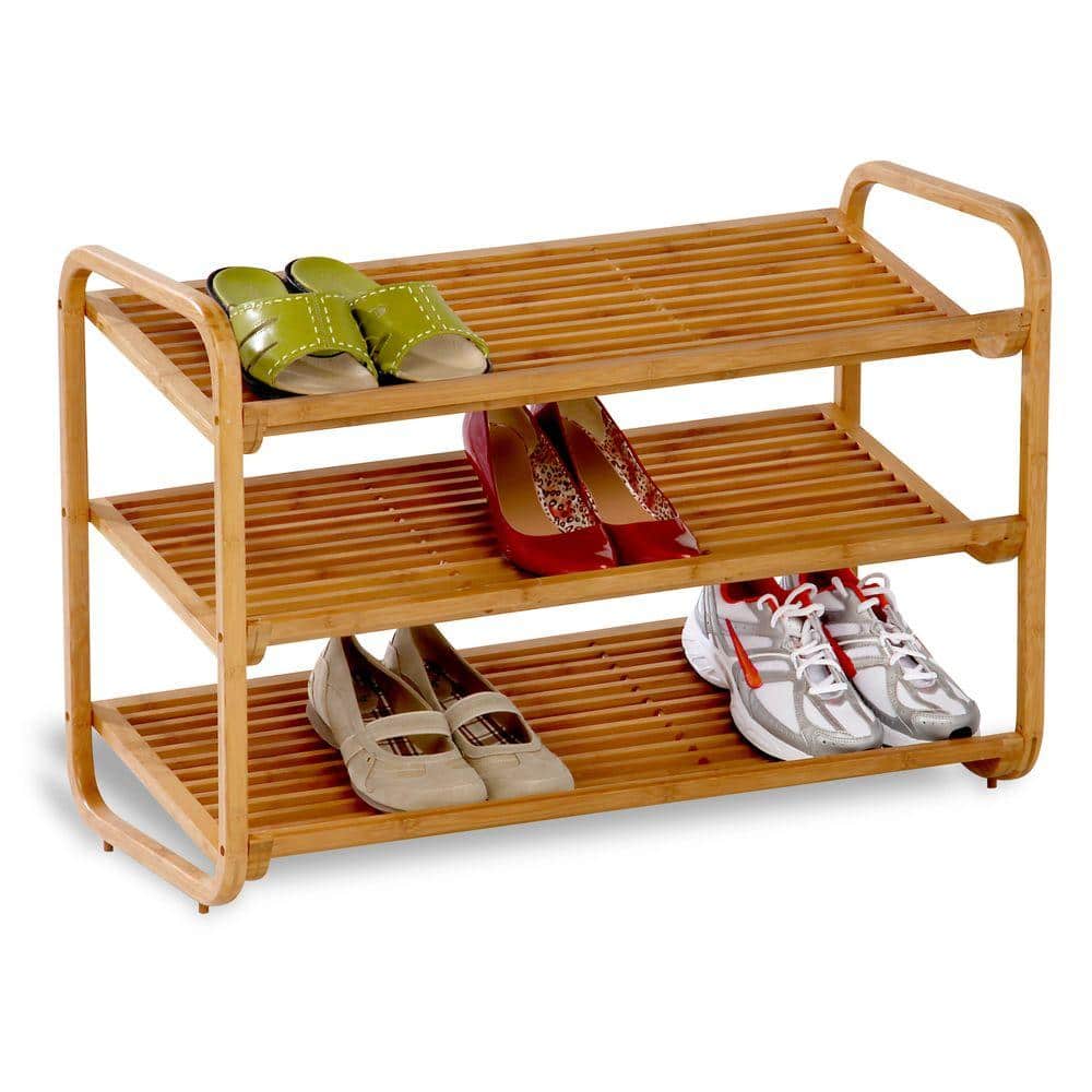 Natural Bamboo 3-Tier Shoe Rack with Slatted Shelves