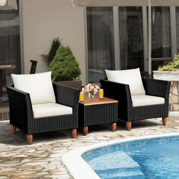 3-Piece Wicker Outdoor Patio Conversation Set Furniture Set with White Cushions and Acacia Wood Coffee Table