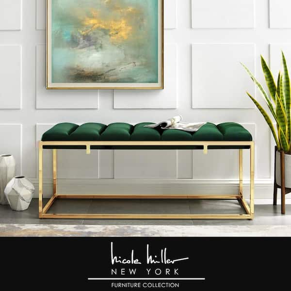 Nicole Miller Judson Green Velvet Bench with Channel Tufted Metal