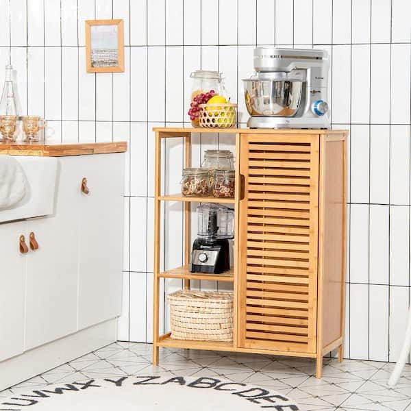 Costway 26 in. W x 13 in. D x 34.5 in. H Brown Wood Bathroom Storage Floor Linen Cabinet with Single Door and 3 Open Shelves