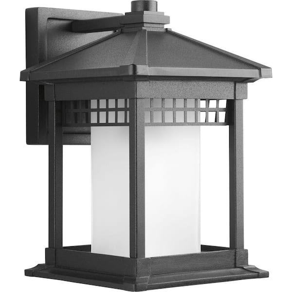 Progress Lighting Merit Collection 1-Light Textured Black Etched Glass Craftsman Outdoor Medium Wall Lantern Light