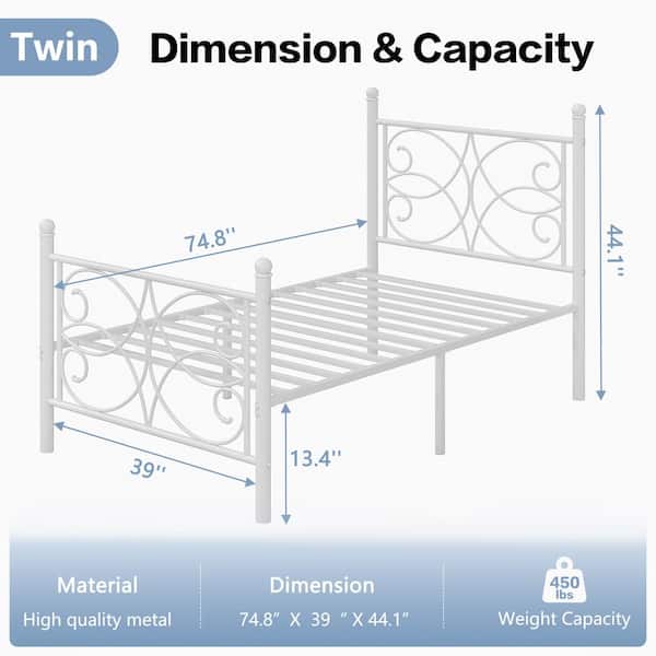 Victorian Style Bed White Metal Frame Twin Platform Bed with Headboard and Footboard, Heavy Duty Mattress Foundation