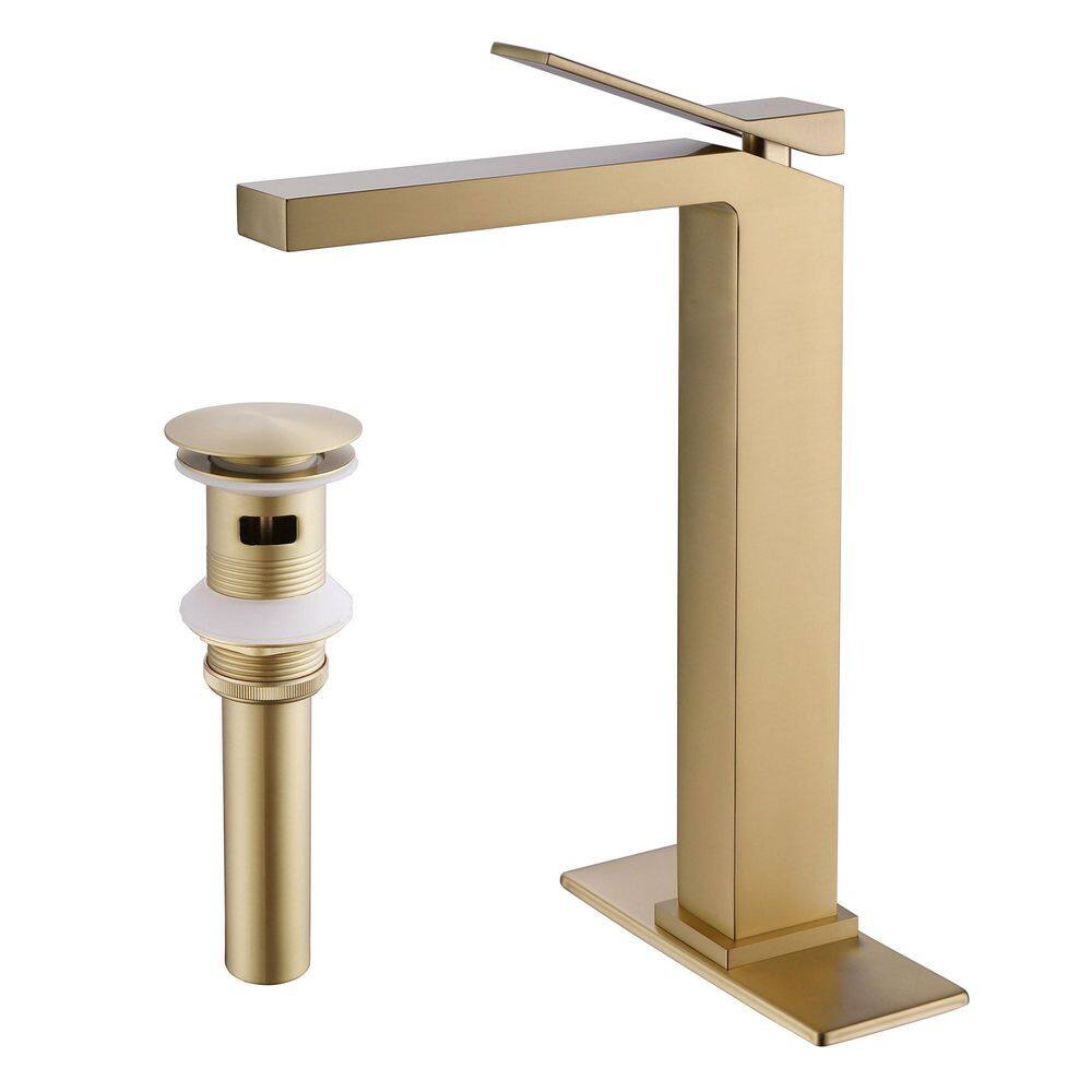 FLG Single Handle Bathroom Vessel Sink Faucet with Pop-Up Drain Kit 1 Hole Brass Bathroom High Tall Taps in Brushed Gold