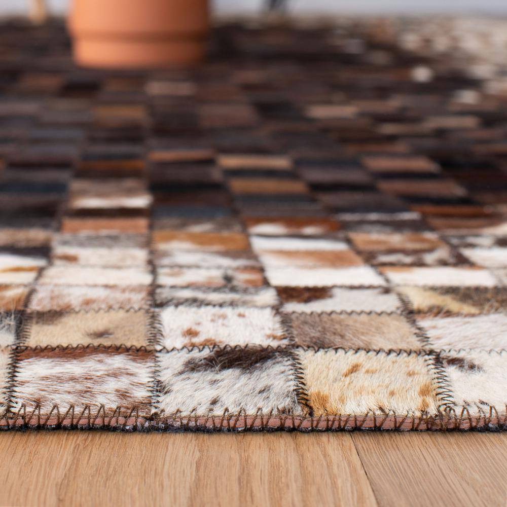 Hand-Stitched Geometric Beige & Brown Cowhide Area Rug