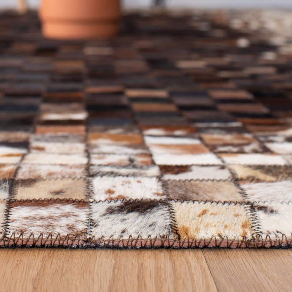 Beige and Brown Hand-Knotted Geometric Cowhide Rug