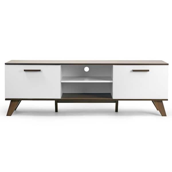 Glamour Home Annis 63 in. Walnut and White Composite TV Stand Fits TVs Up to 89 in. with Storage Doors