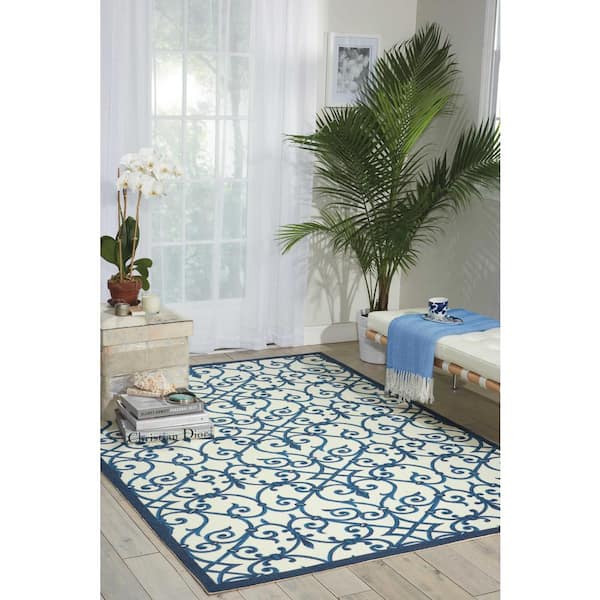 Home and Garden Blue 10 ft. x 13 ft. Trellis Transitional Indoor/Outdoor Patio Area Rug