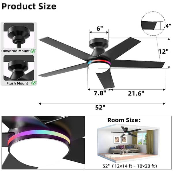 LINJO 52 in. Black 5-Plywood Blades Flush Mount Standard RGB Light