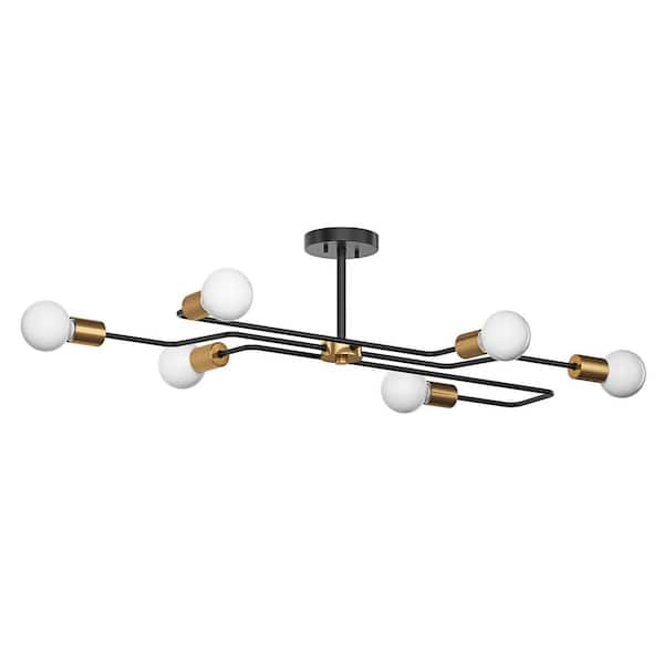 aiwen Industrial Sputnik 35.43 in. 6-Light Oversized Semi-Flush Mount Black and Gold Modern Ceiling Light